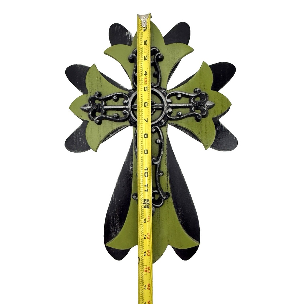 Rustic Wooden Cross with Metal Fleur De Lis Cross Overlay 16" Wall Decor - Picture 9 of 10